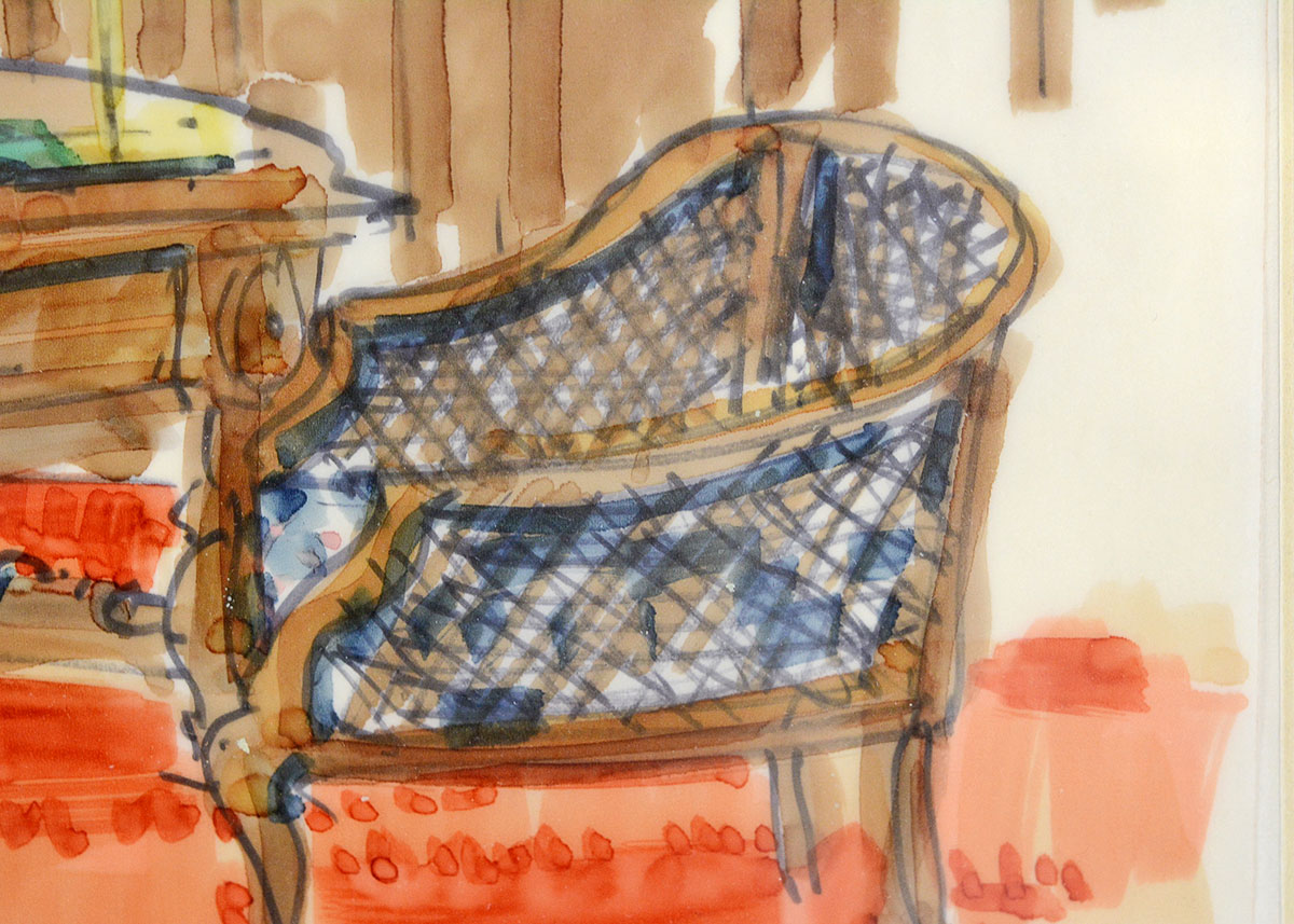 Framed Vintage Watercolor Painting of an Interior Scene