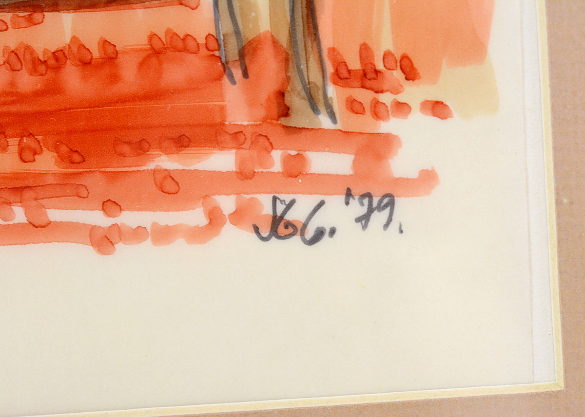 Framed Vintage Watercolor Painting of an Interior Scene