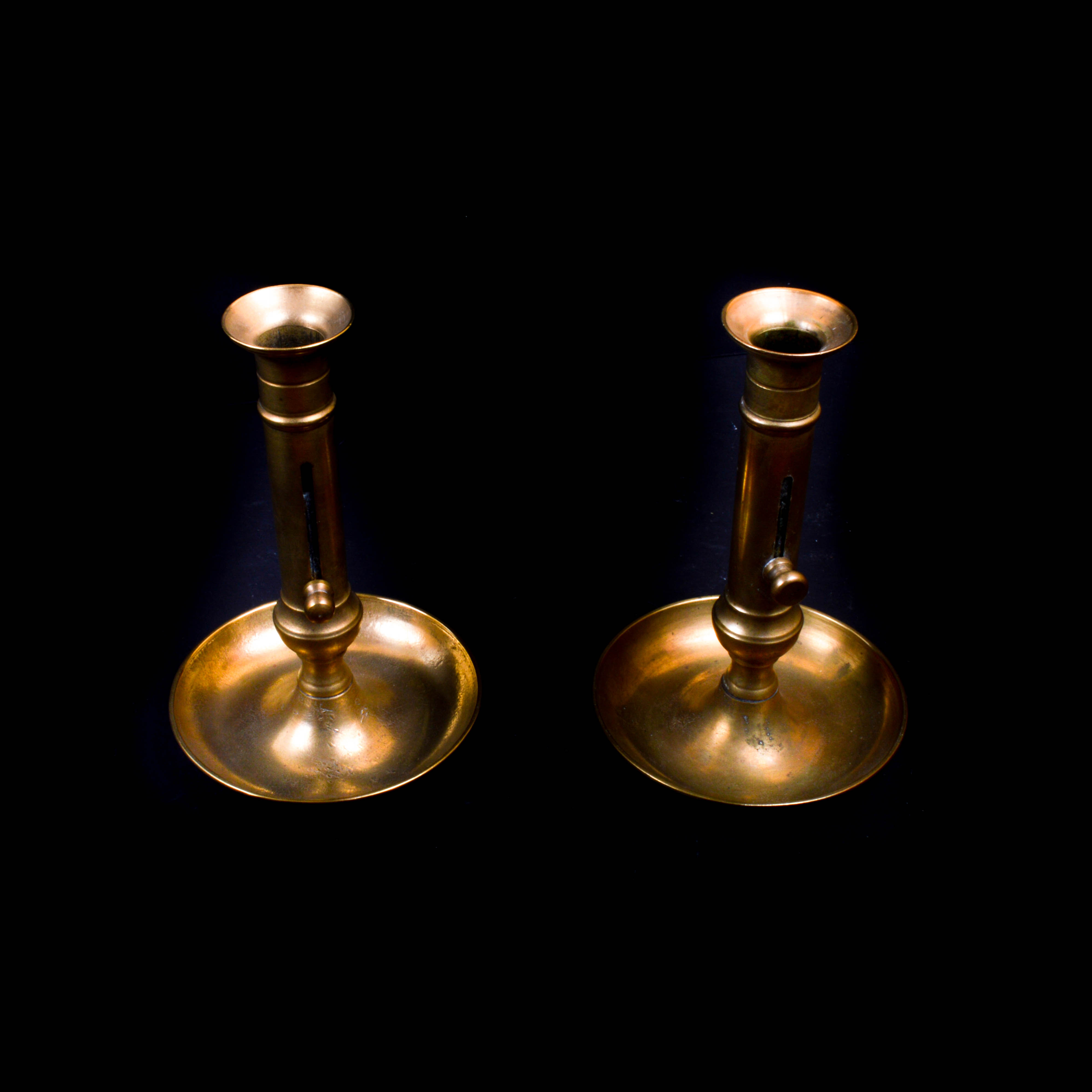 Antique Pair of Brass Candlesticks with Push-Up Bottoms