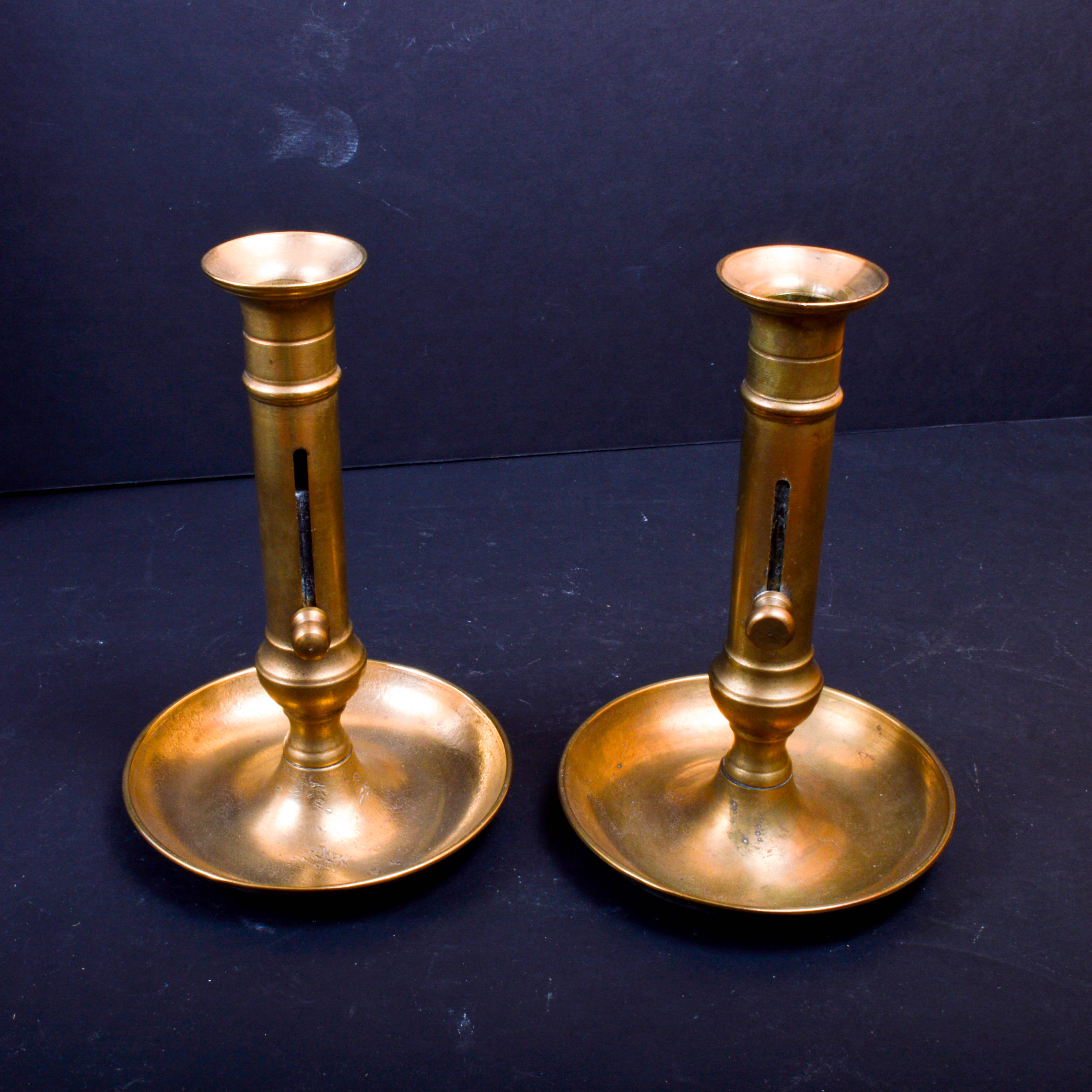 Antique Pair of Brass Candlesticks with Push-Up Bottoms