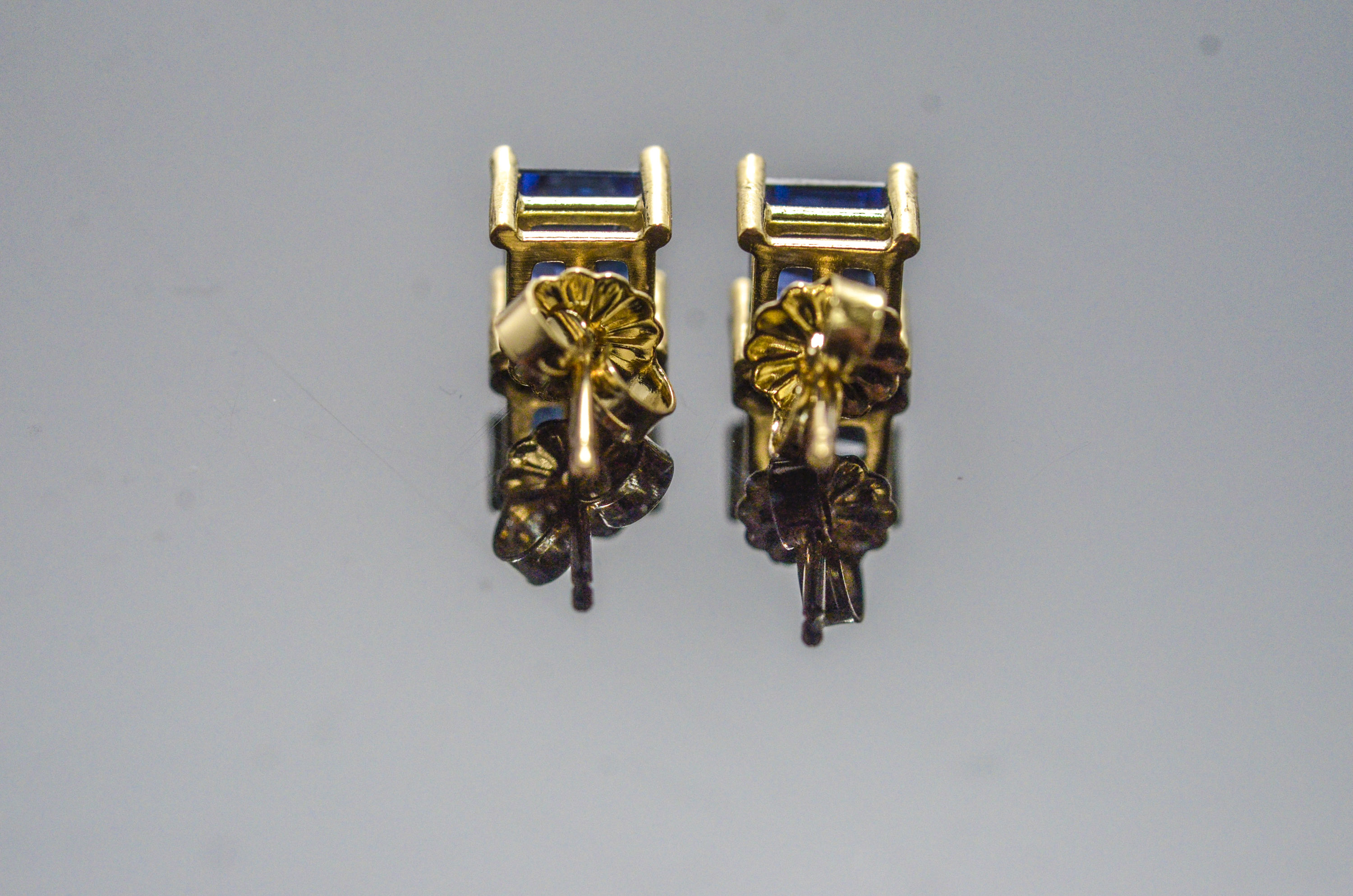 Pair 14k Yellow Gold and Blue Stone stud earrings