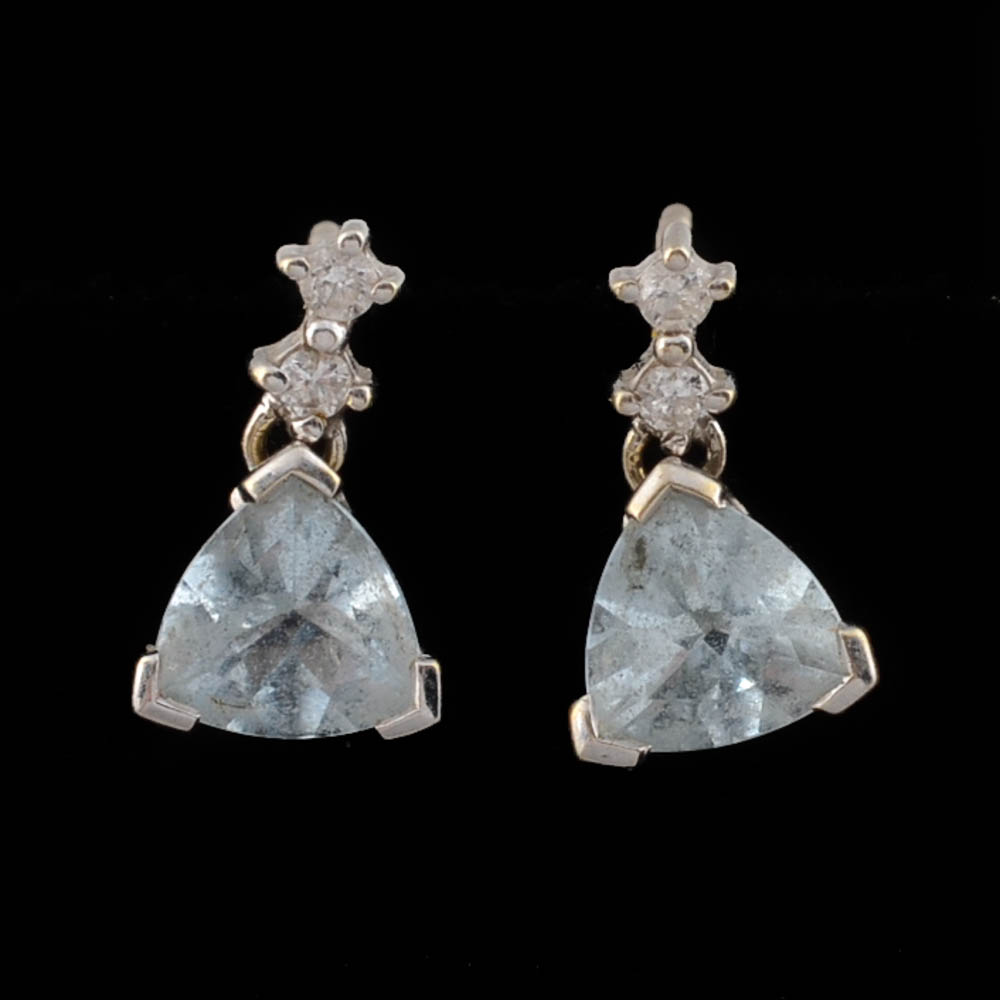 14K White Gold Diamond and Aquamarine Drop Earrings
