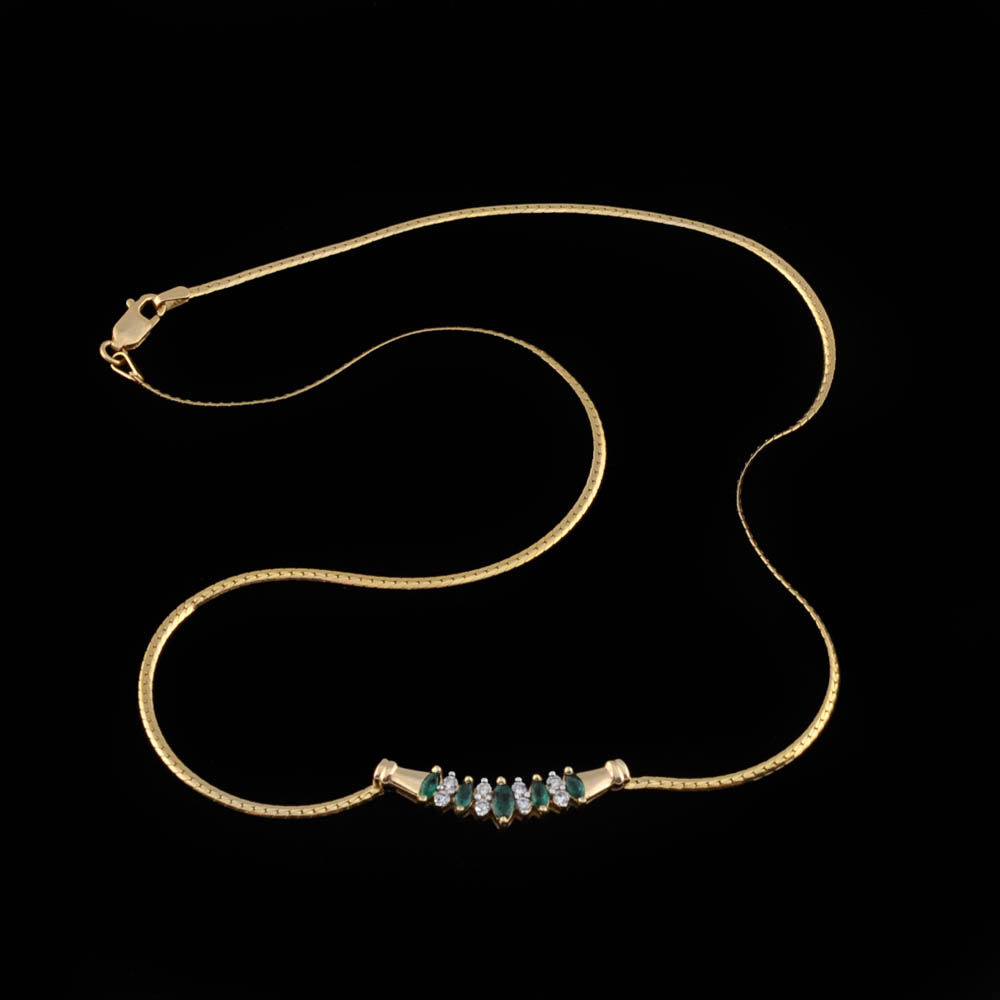 14K Yellow Gold Diamond and Emerald Necklace