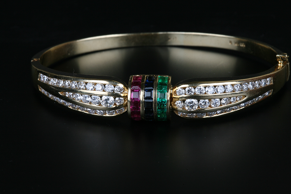 18K Gold Sapphire, Emerald, Ruby and Diamond Bracelet