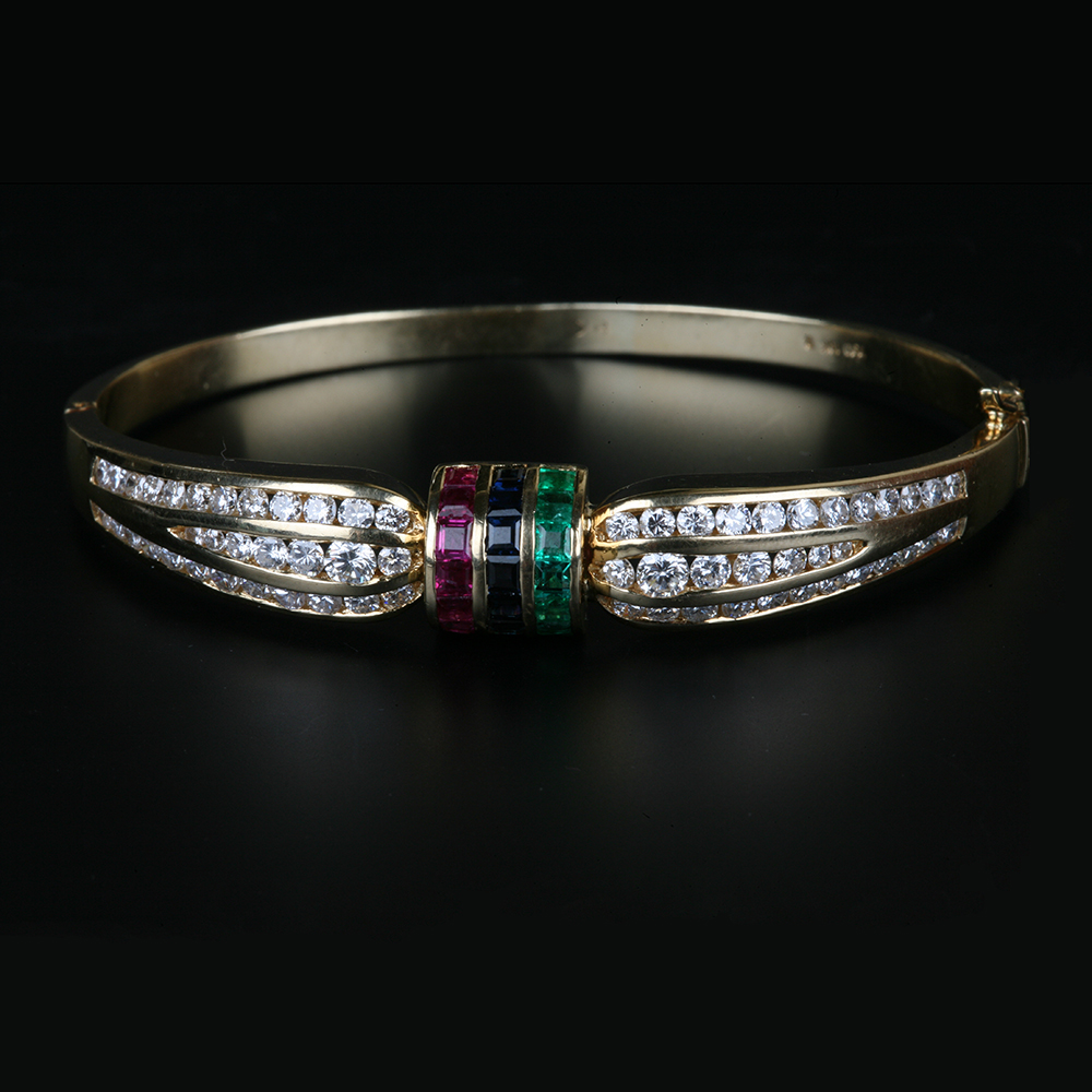 18K Gold Sapphire, Emerald, Ruby and Diamond Bracelet