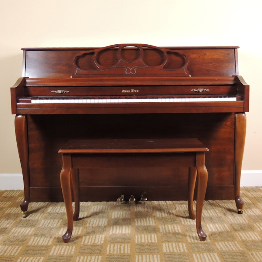 Wurlitzer Cherry Cabinet Upright Piano with Bench