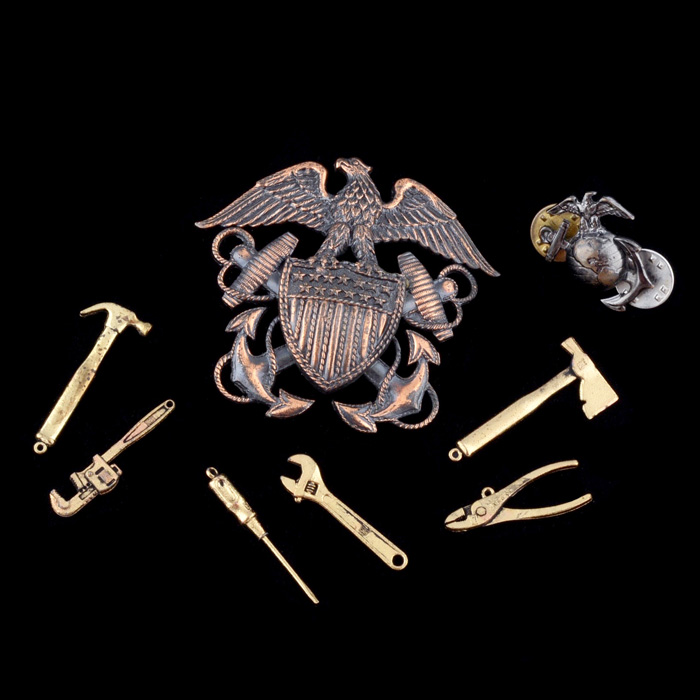Marine and Navy Pins with Brass Tool Charms and St. Xavier Class Ring