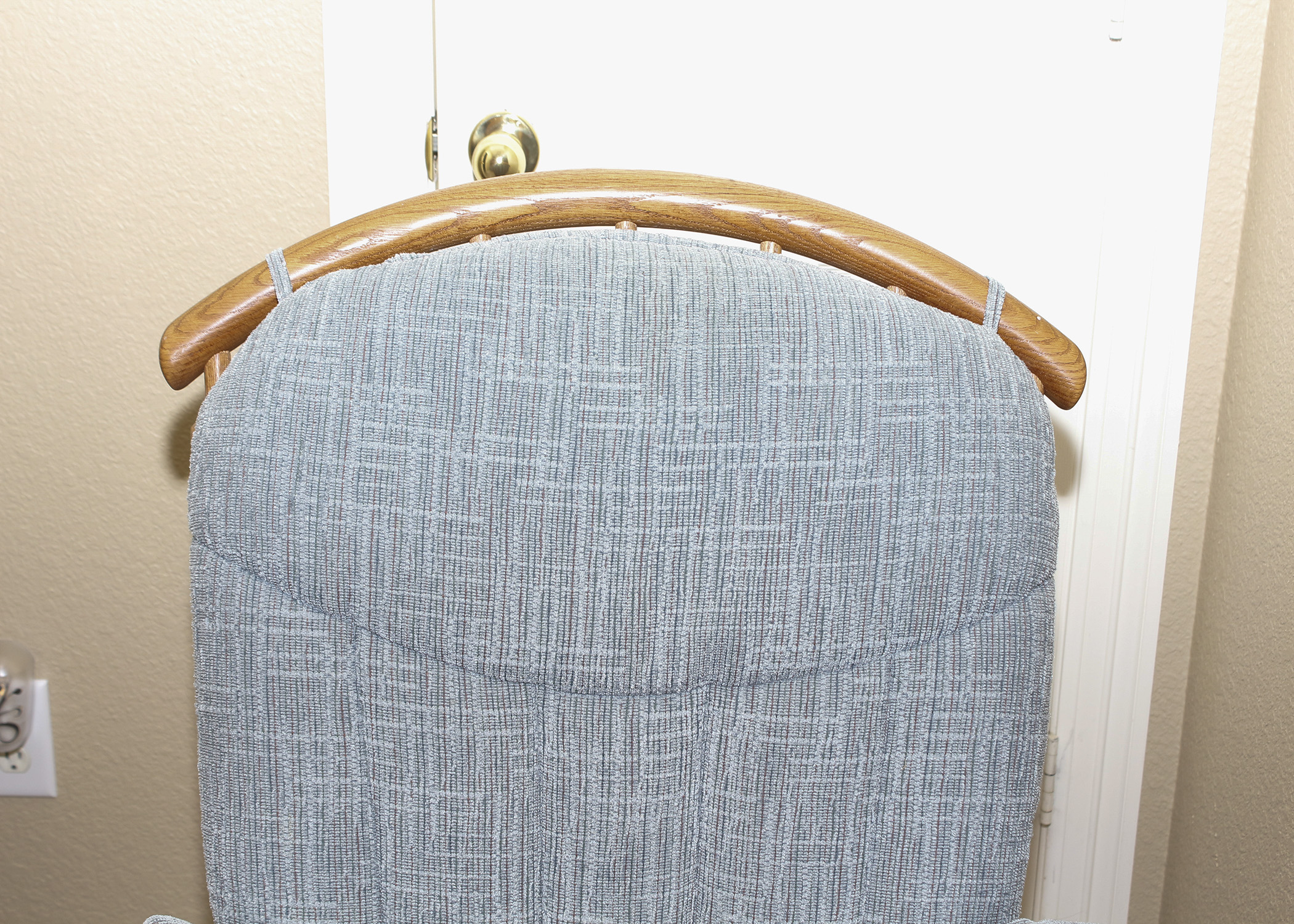 Dutailier Oak Glider with Blue Cushion