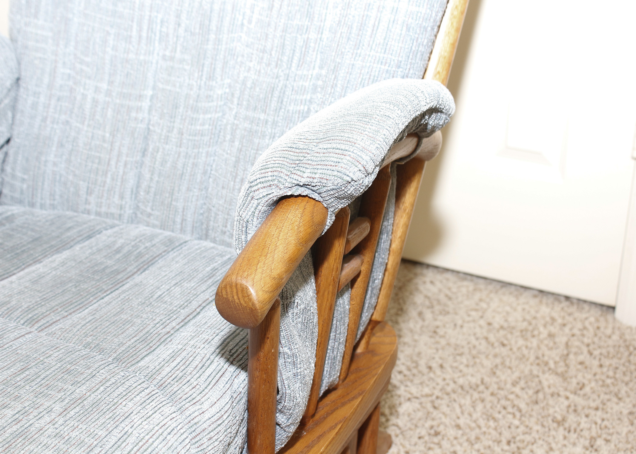 Dutailier Oak Glider with Blue Cushion