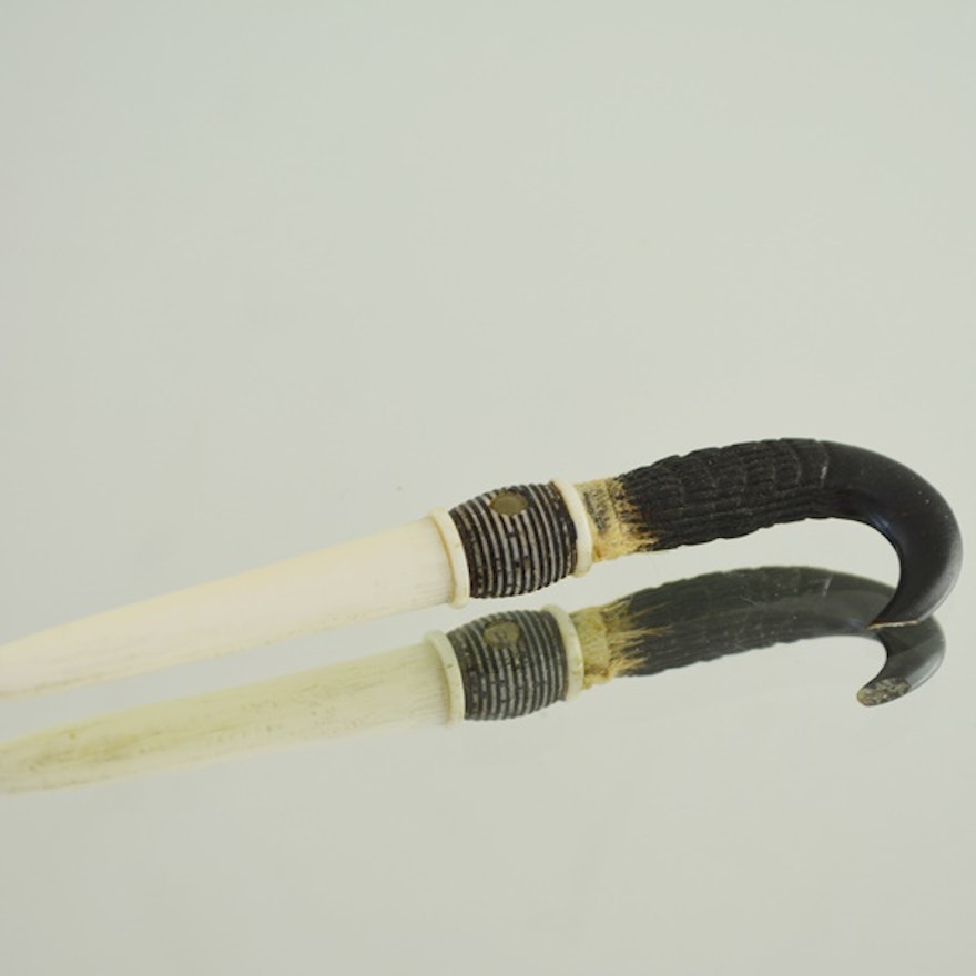 Carved Bone and Horn Souvenier Toothpick with Secret Crystal Viewing Window