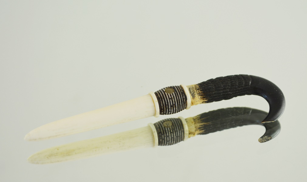 Carved Bone and Horn Souvenier Toothpick with Secret Crystal Viewing Window