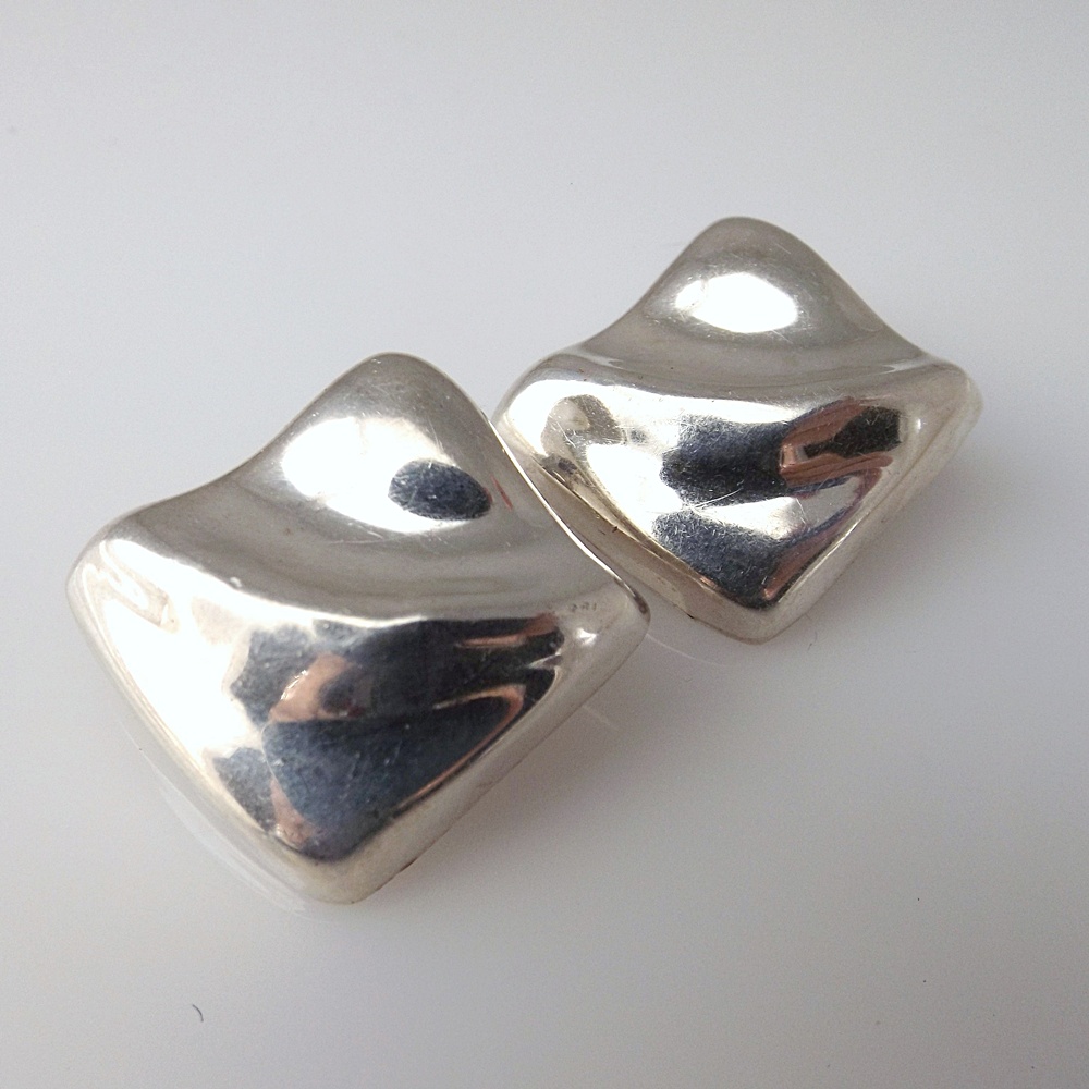 Modern Sterling Silver Clip-On Earrings and Sterling Ring with Shell Setting