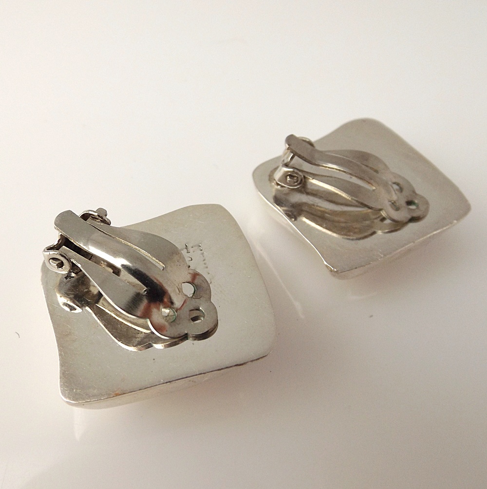 Modern Sterling Silver Clip-On Earrings and Sterling Ring with Shell Setting