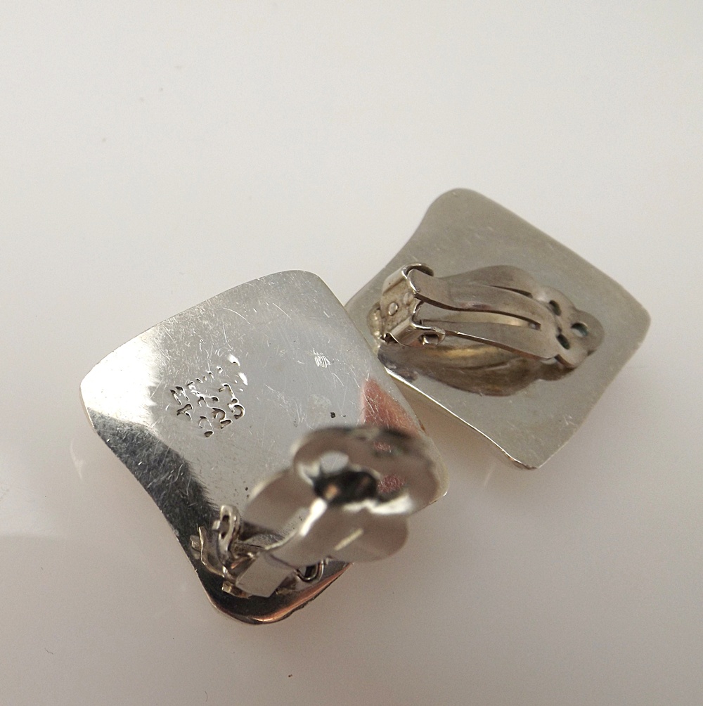 Modern Sterling Silver Clip-On Earrings and Sterling Ring with Shell Setting