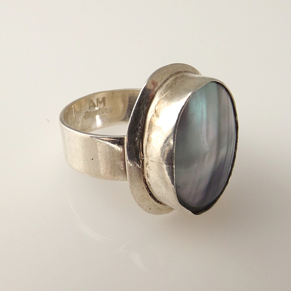 Modern Sterling Silver Clip-On Earrings and Sterling Ring with Shell Setting