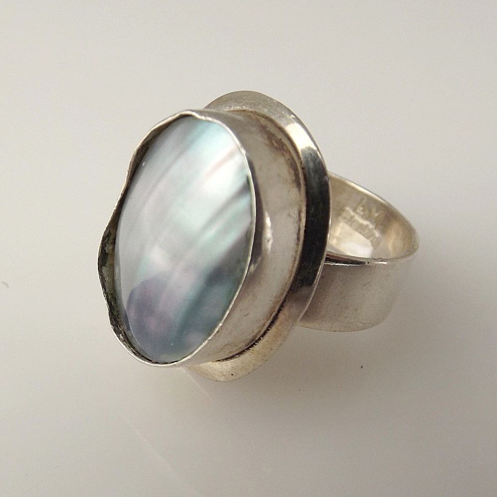 Modern Sterling Silver Clip-On Earrings and Sterling Ring with Shell Setting