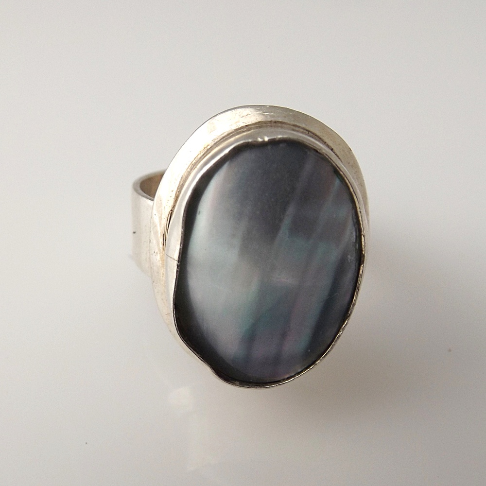 Modern Sterling Silver Clip-On Earrings and Sterling Ring with Shell Setting