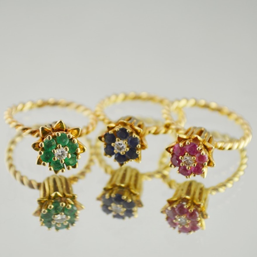 14K Yellow Gold Emerald, Sapphire, and Ruby Stackable Ring Set