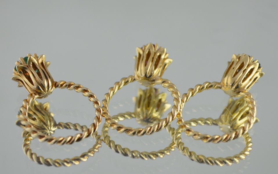 14K Yellow Gold Emerald, Sapphire, and Ruby Stackable Ring Set