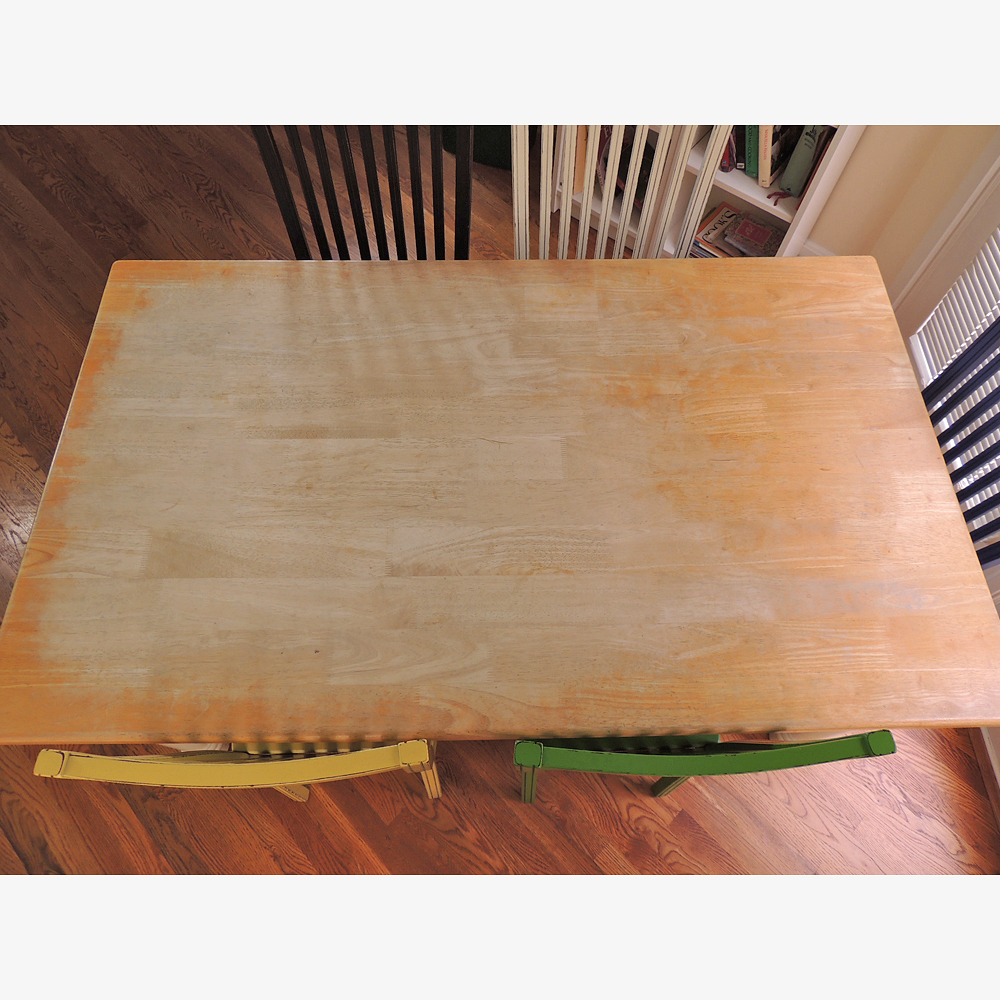 Farmhouse Kitchen Table and Six Multi-Colored Chairs