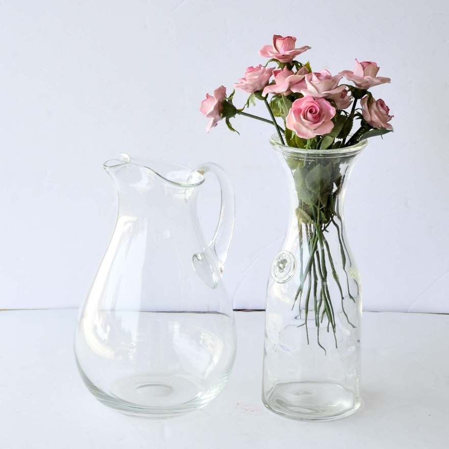 Pair of Glass Pitchers with Ceramic Roses