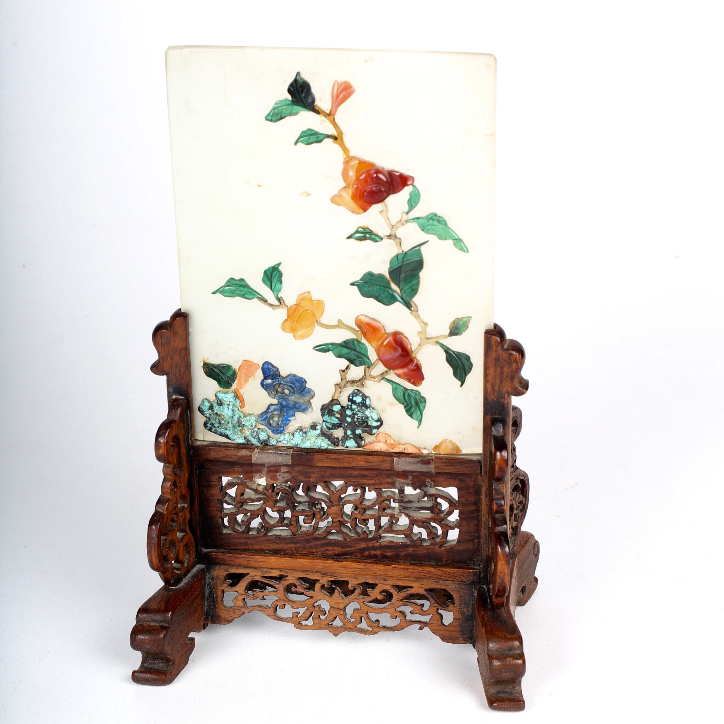 Carved Carnelian, Malachite, Lapis, Turquoise and Jade Screen