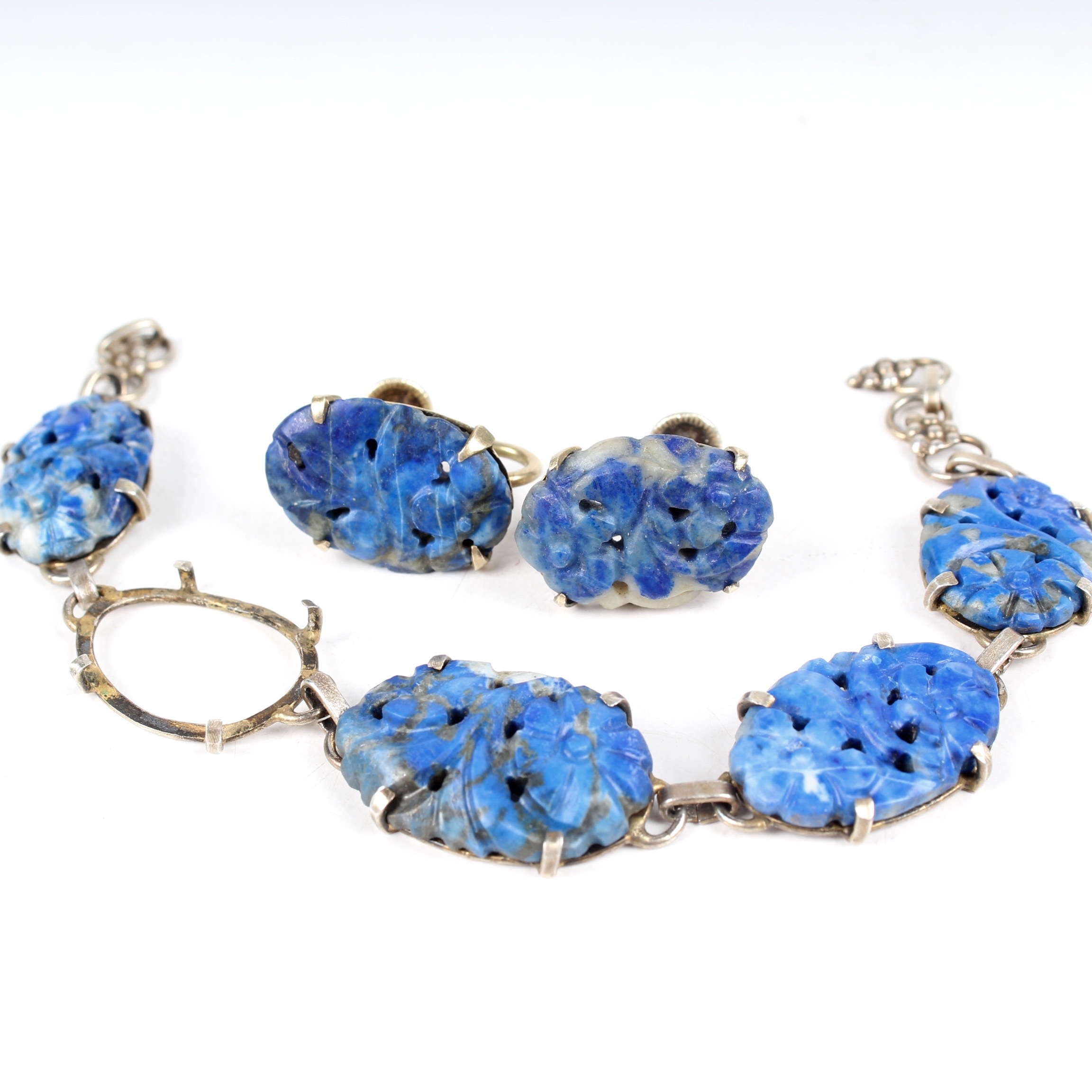 Sterling Silver and Carved Lapis Jewelry Set