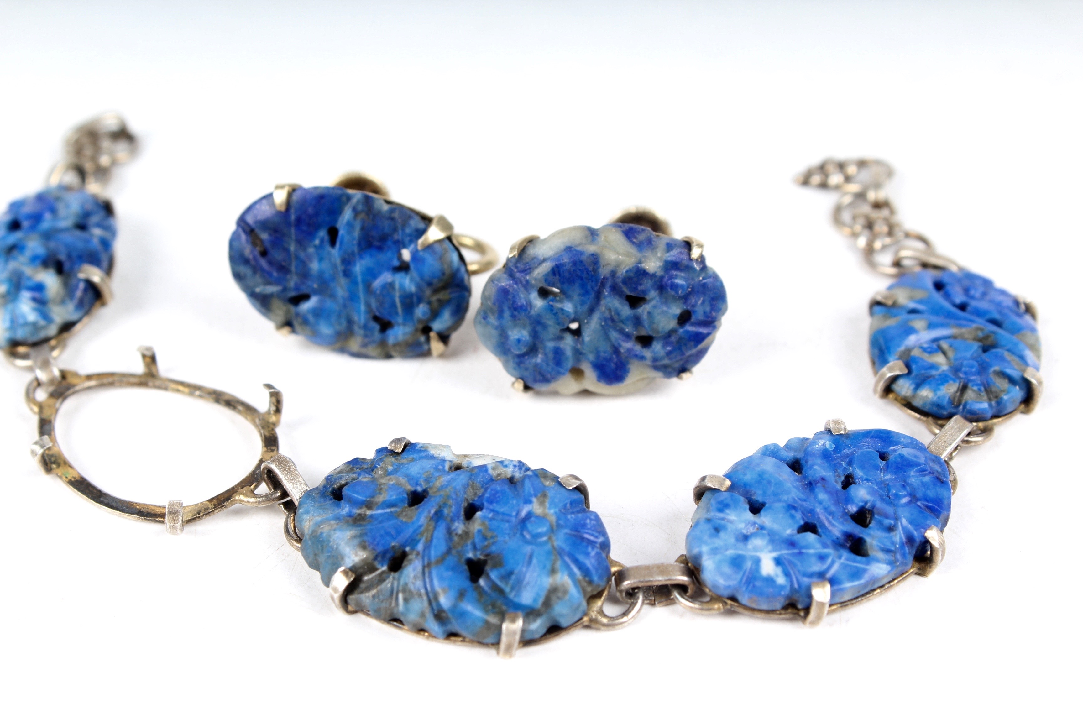 Sterling Silver and Carved Lapis Jewelry Set