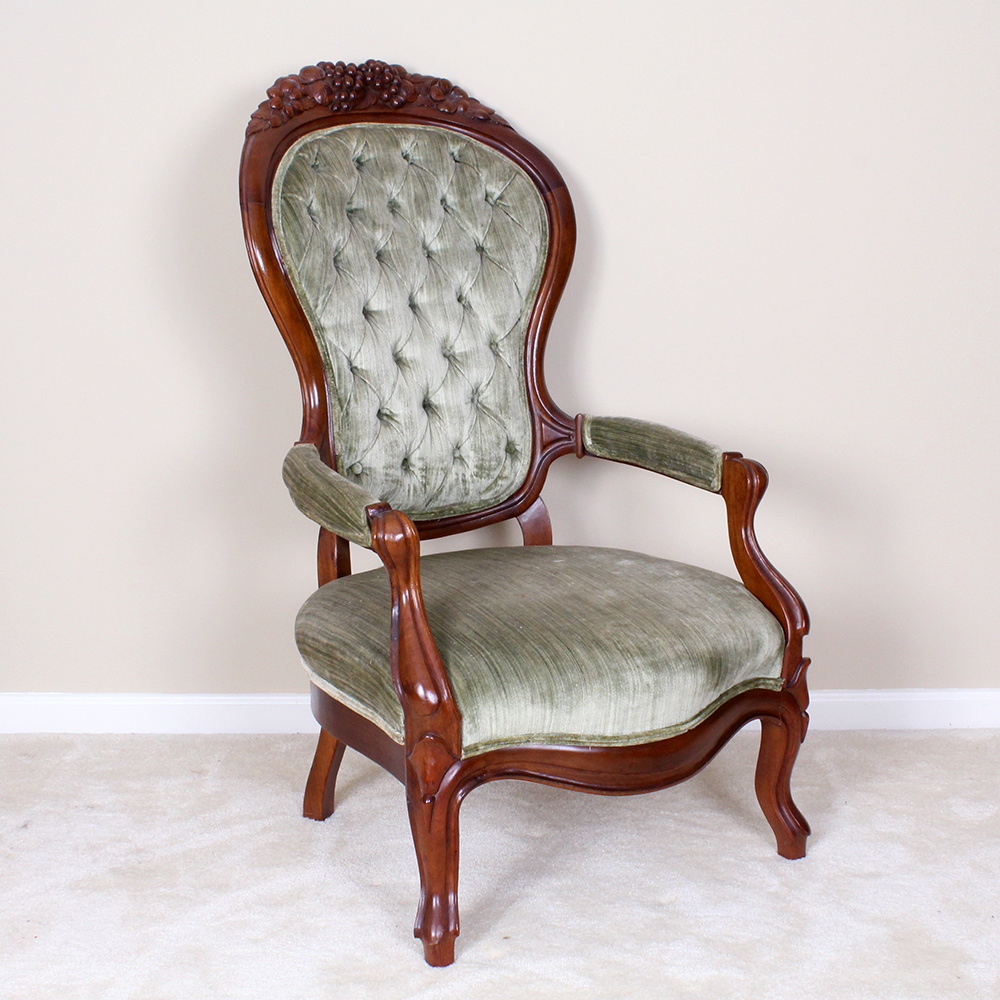 Victorian Walnut Armchair with Velvet Green Upholstery