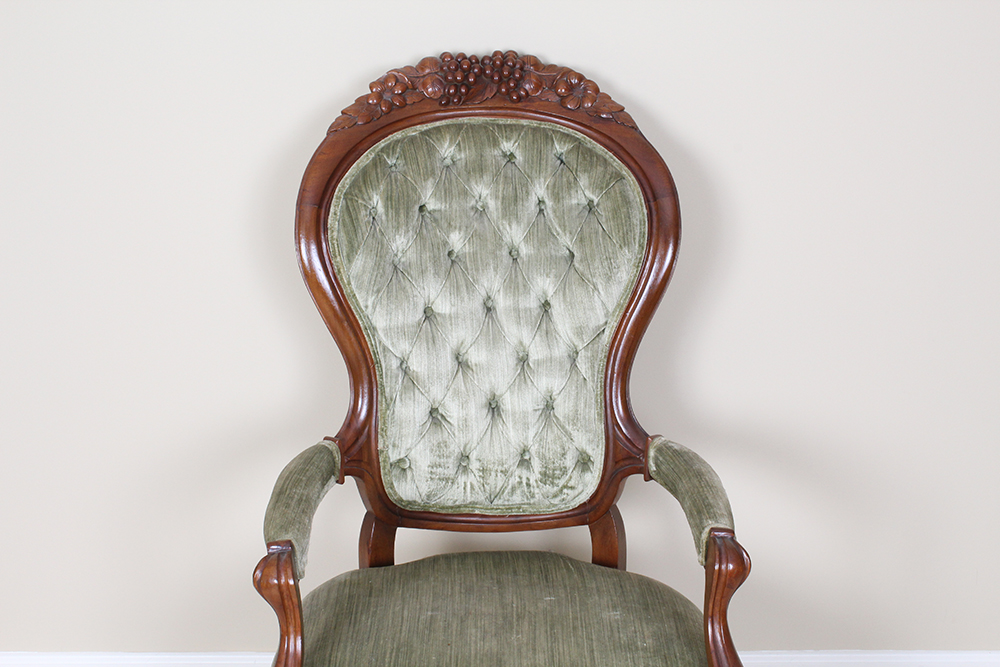 Victorian Walnut Armchair with Velvet Green Upholstery