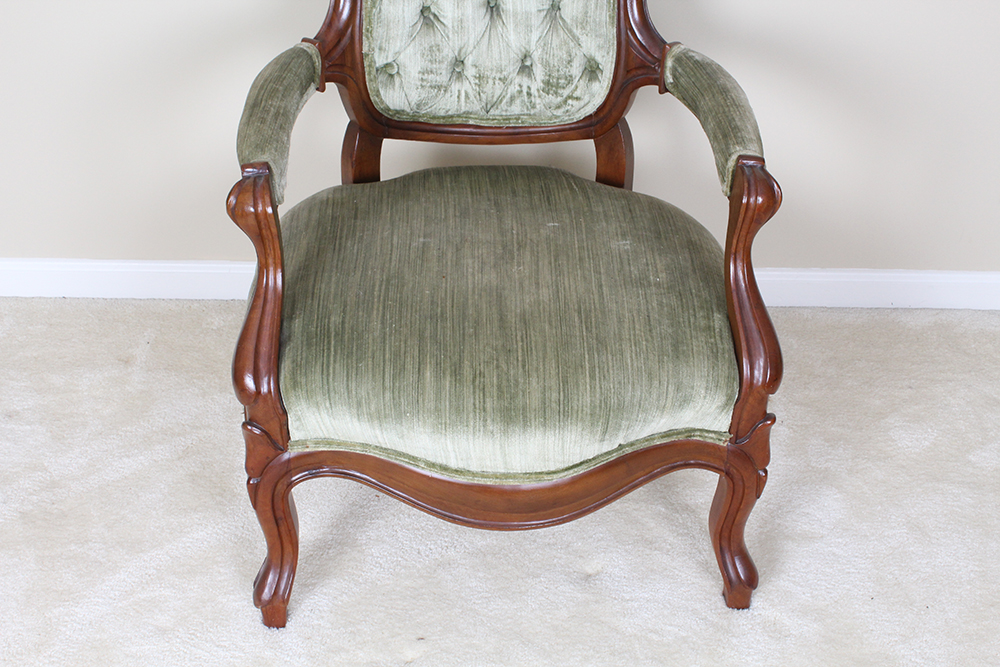 Victorian Walnut Armchair with Velvet Green Upholstery