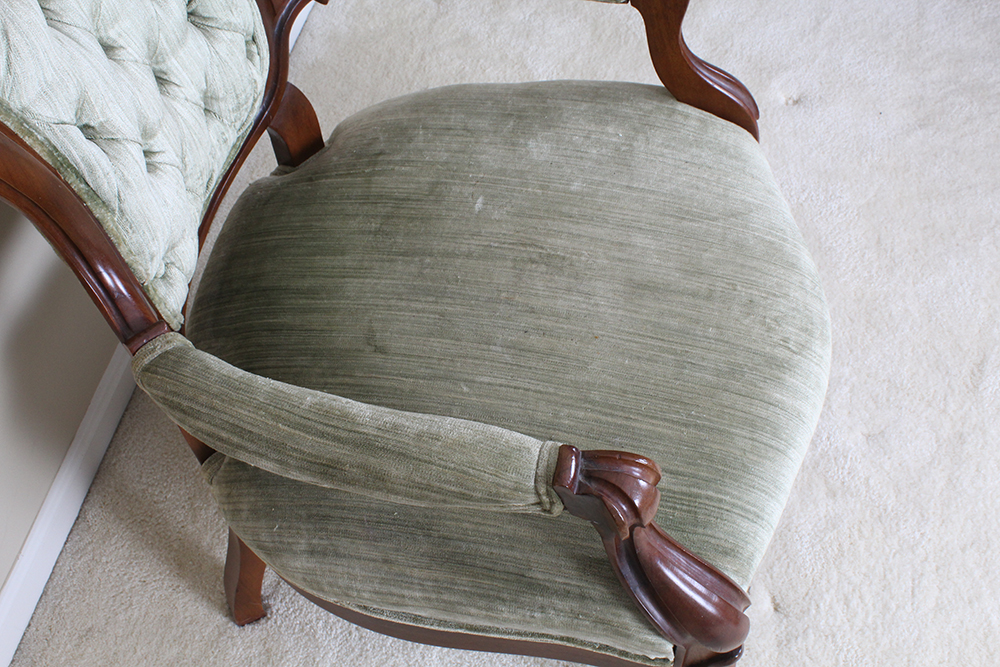 Victorian Walnut Armchair with Velvet Green Upholstery