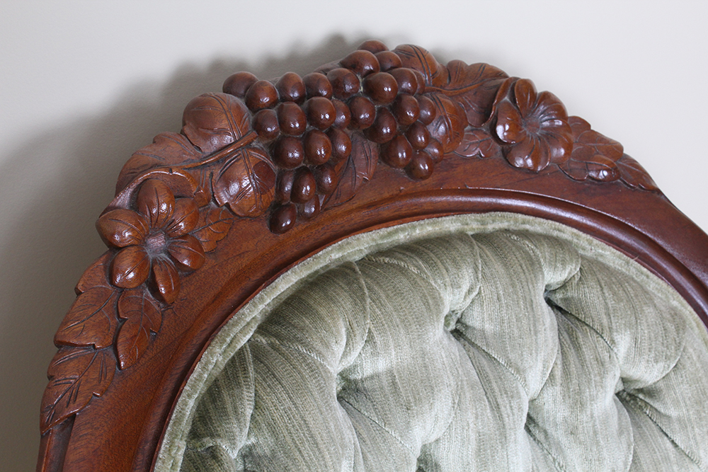 Victorian Walnut Armchair with Velvet Green Upholstery