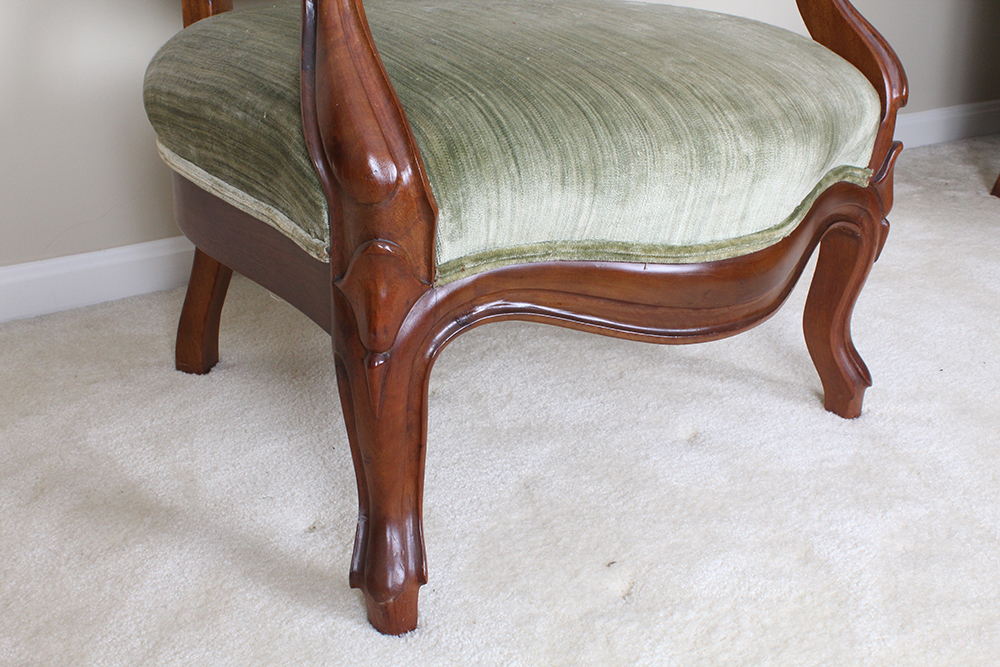 Victorian Walnut Armchair with Velvet Green Upholstery