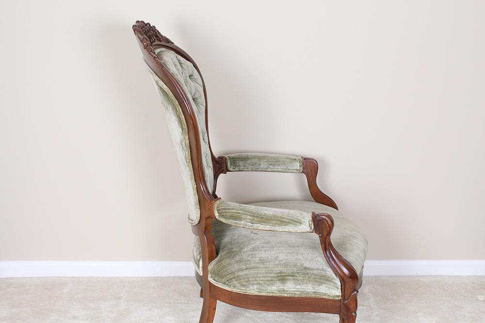 Victorian Walnut Armchair with Velvet Green Upholstery
