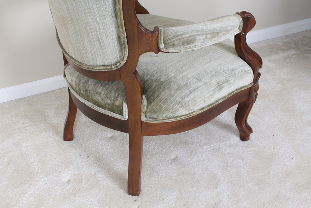 Victorian Walnut Armchair with Velvet Green Upholstery