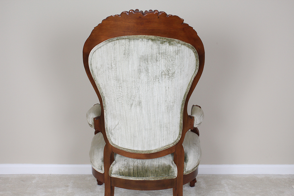Victorian Walnut Armchair with Velvet Green Upholstery