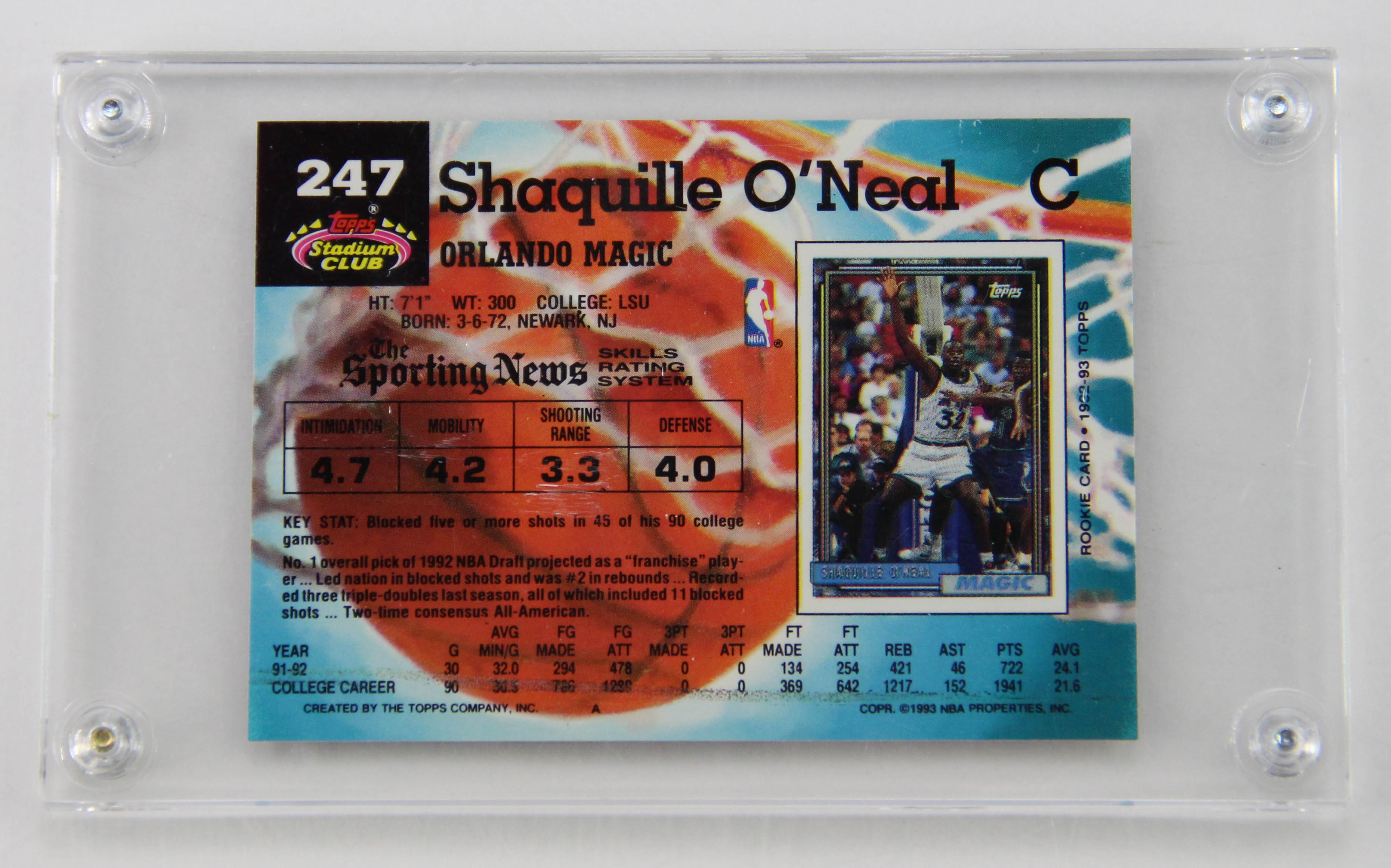 1992 Shaquille O'neal Stadium Club Rookie Card in Plastic Case