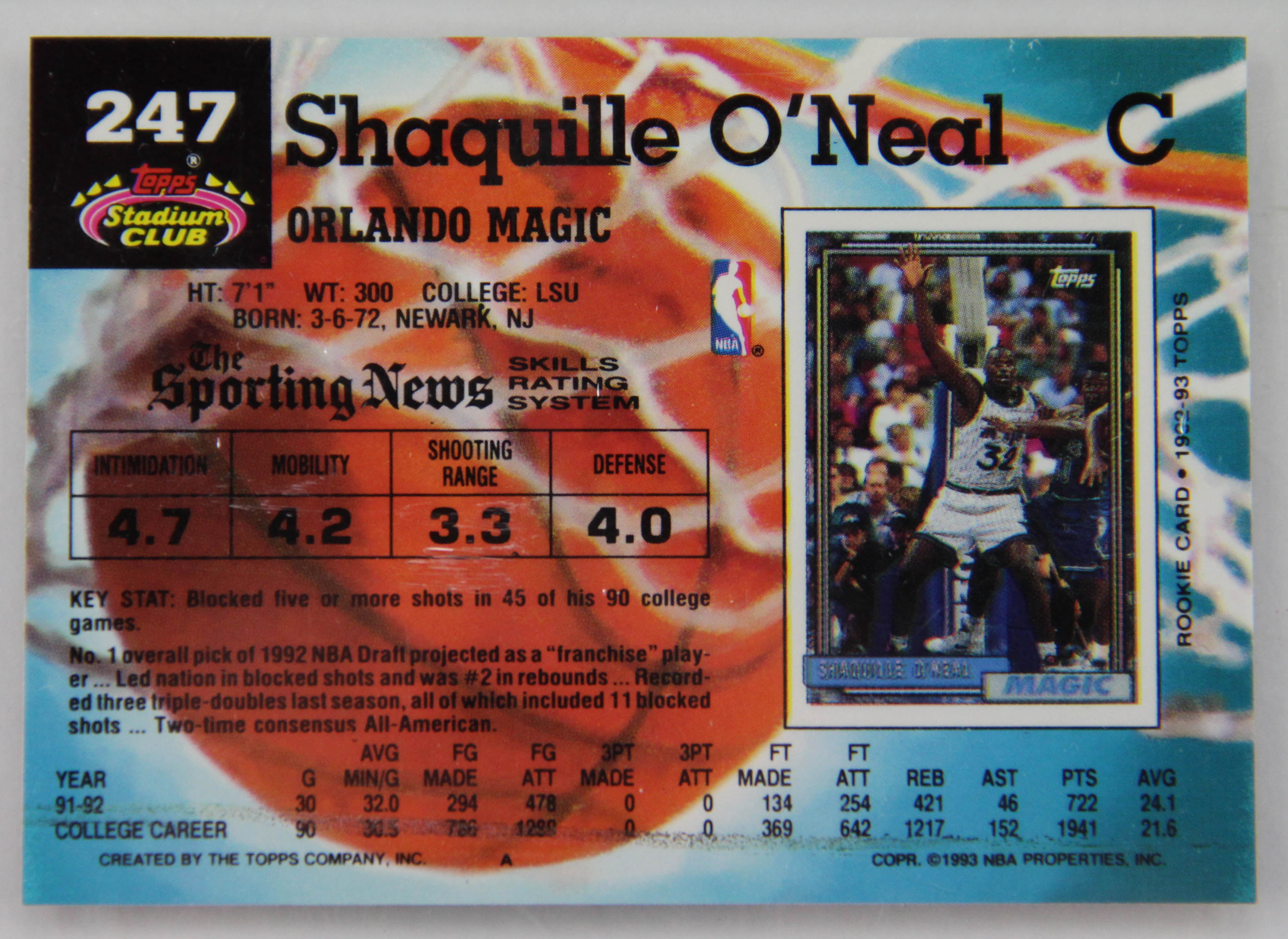 1992 Shaquille O'neal Stadium Club Rookie Card in Plastic Case