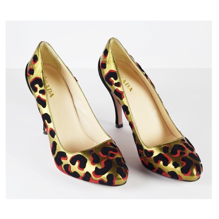 Gold Prada Heels with Black and Red Animal Print, Made in Italy, Size 39.5