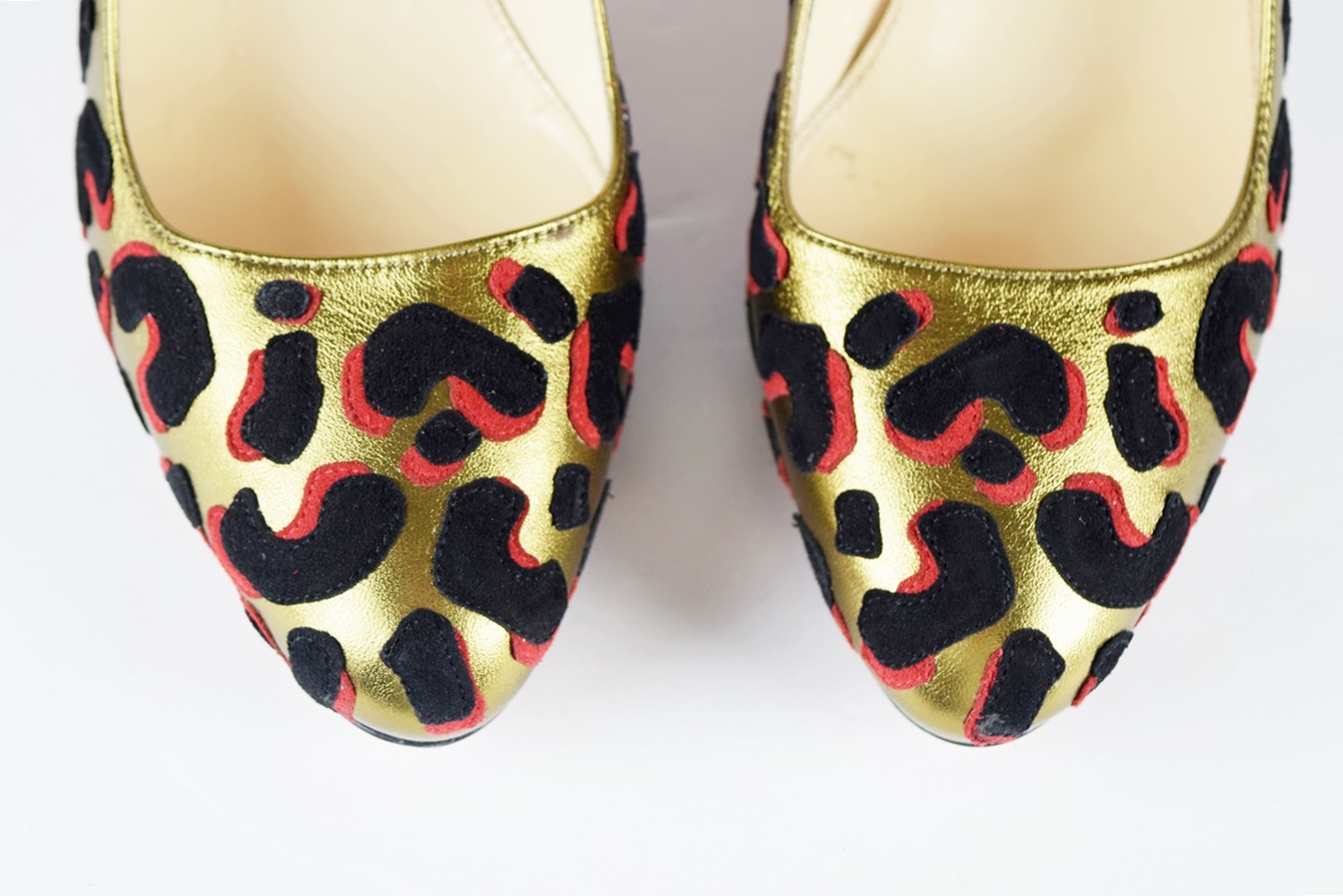 Gold Prada Heels with Black and Red Animal Print, Made in Italy, Size 39.5