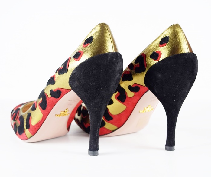 Gold Prada Heels with Black and Red Animal Print, Made in Italy, Size 39.5