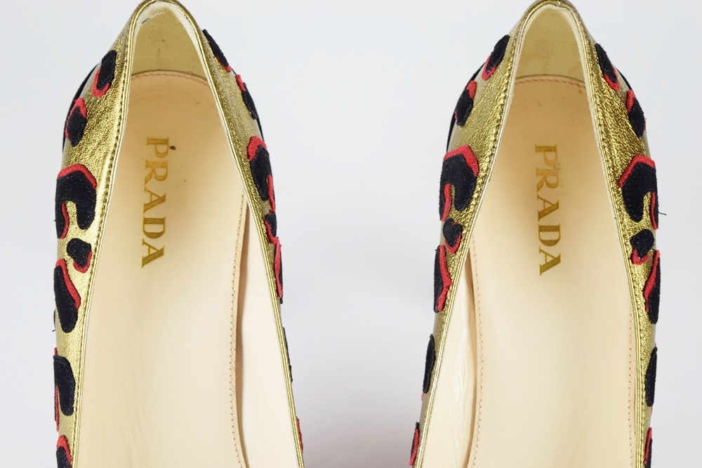 Gold Prada Heels with Black and Red Animal Print, Made in Italy, Size 39.5