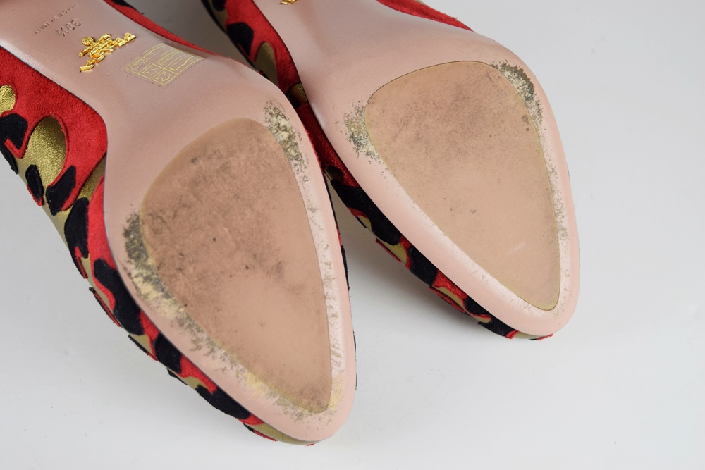 Gold Prada Heels with Black and Red Animal Print, Made in Italy, Size 39.5