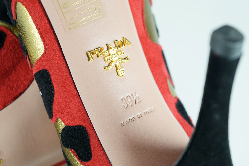 Gold Prada Heels with Black and Red Animal Print, Made in Italy, Size 39.5