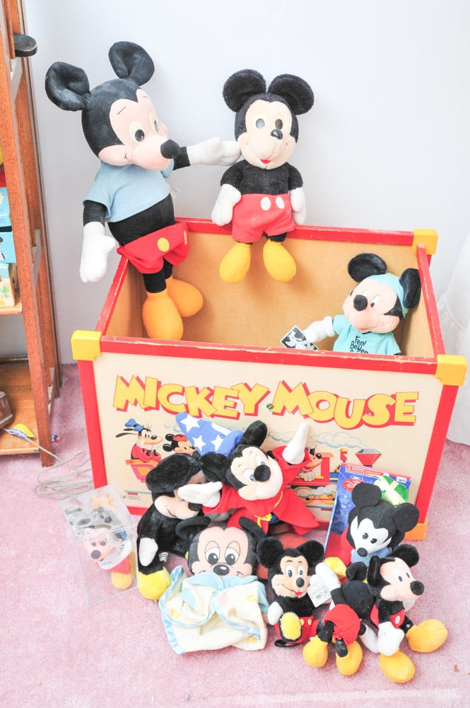 Vintage Mickey Mouse Toy Box with Plush Toys