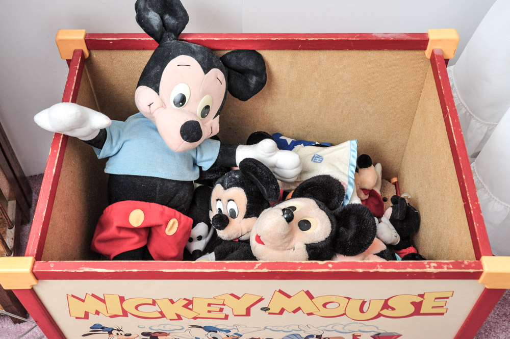 Vintage Mickey Mouse Toy Box with Plush Toys