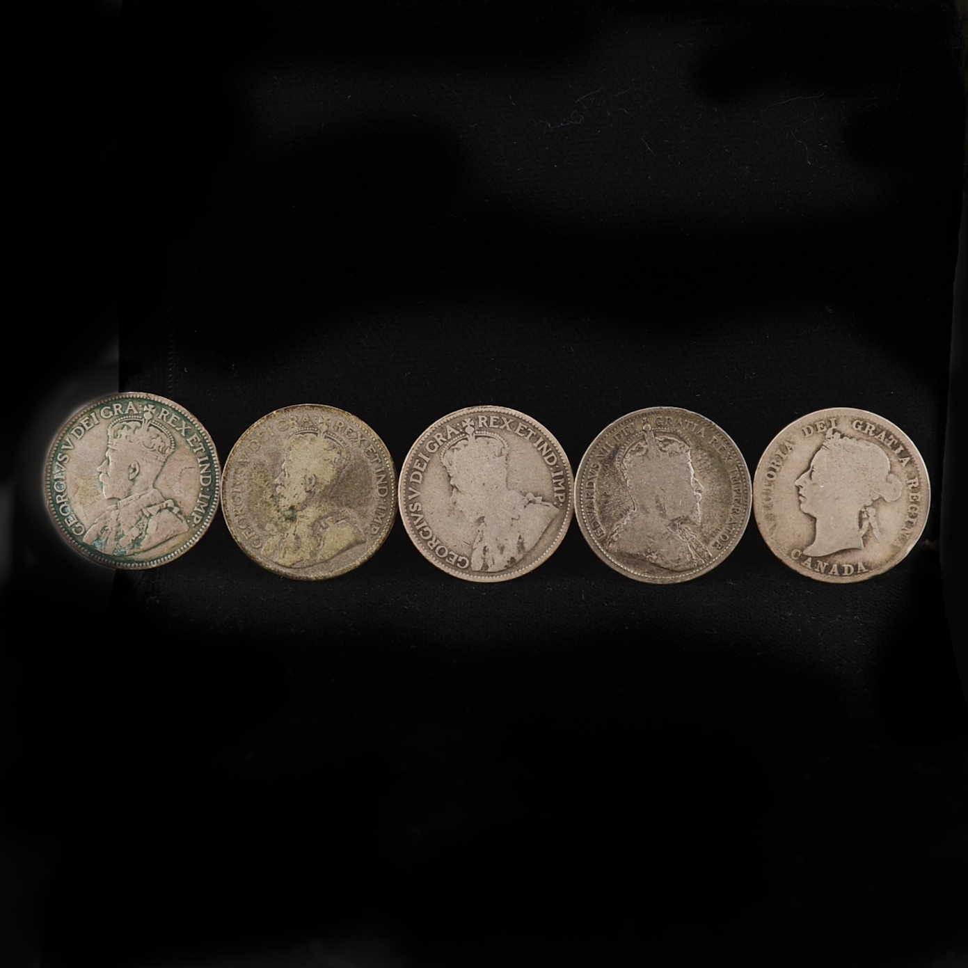 Group of Five Early Canadian Silver Quarters