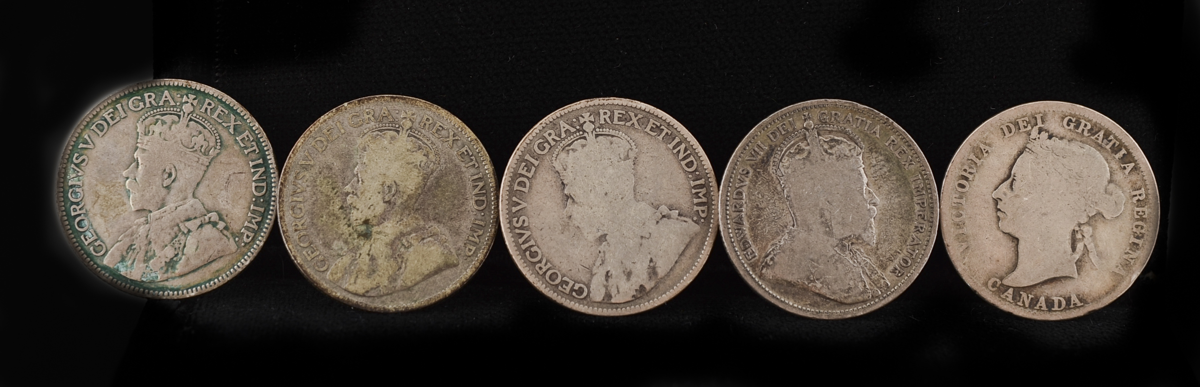 Group of Five Early Canadian Silver Quarters