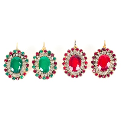 Two Pairs of Ruby, Rhinestone, and Chrysoprase Earrings Two Pairs of Ruby, Rhinestone, and Chrysoprase Earrings